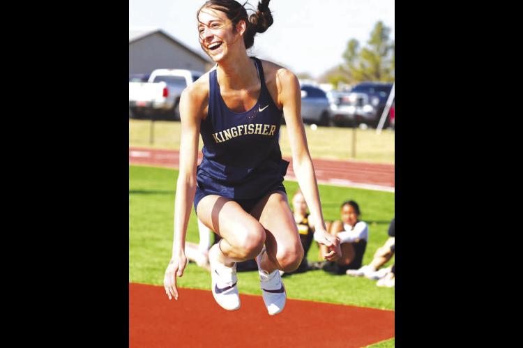 KINGFISHER HIGH SCHOOL sophomore Ela Hartman reacts after just missing a height in the high jump competition at the Fairview Track and Field Meet on Tuesday. Hartman finished second in the event and in the long jump as well. For complete results from the meet, which also included athletes from Dover, Hennessey and Lomega, see Page 6 inside. [KT&amp;FP Staff Photo]
