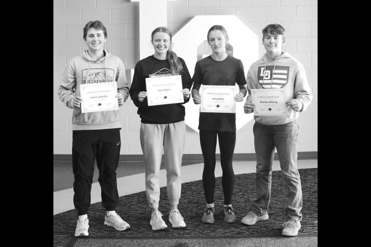 Lomega’s September 2024 Students of the Month were announced at the recent Raider Roundup. High school students honored were (left side) Laken Lewallen and Kate Myers. Junior high students recognized were (right side) Josey Nusz and Breckon Murray. [Photo provided]