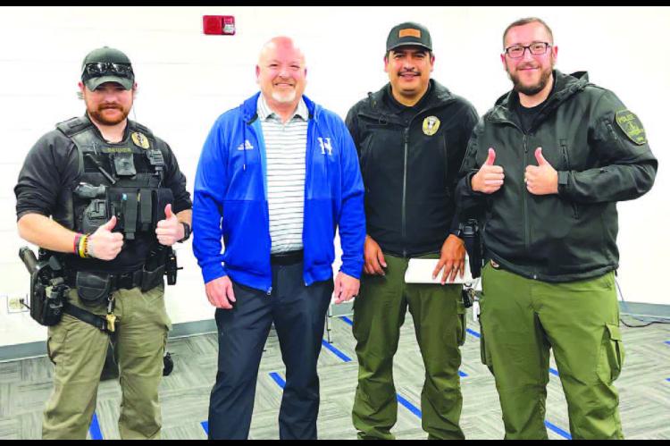 ...AND NOT ALLOWED TO RETIRE – These three Hennessey police officers attended the Hennessey Board of Education meeting on Jan. 12 for Todd Cameron. That’s because they learned Cameron is retiring from HHS at the end of this school year. All three are 