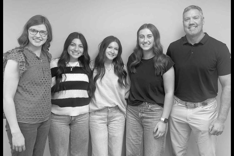 KINGFISHER ROTARIAN Derek Daugherty, far right, is pictured alongside his daughter Kadyn Daugherty as well as her senior classmates, from left, Hailey Bieren, Mia Franco and Brooke Barton. The four were guests at a recent Rotary meeting. [KT&amp;FP Staff 