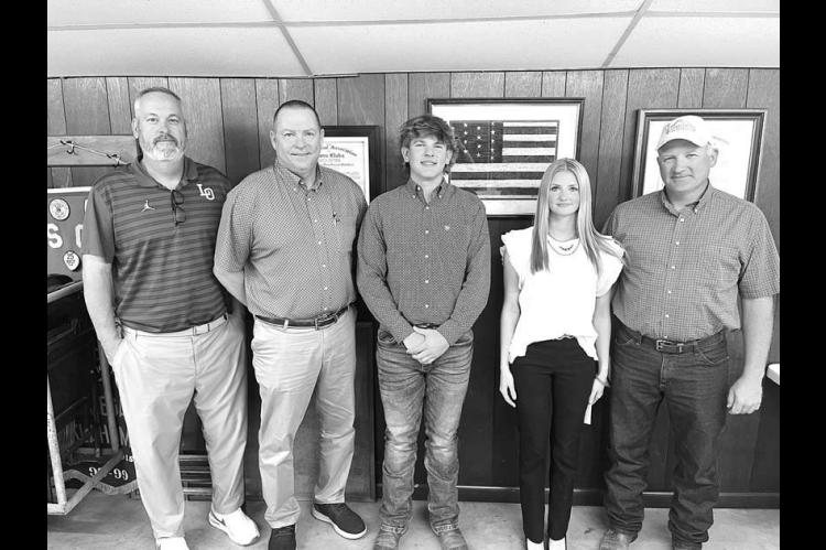 Lomega Lions Club celebrated its Students of the Semester earlier this spring for Lomega High School. Earning the honor were seniors Lance Yost and Isabel Hansen. Pictured are, from left, Lomega Superintendent Cory Wilson, Principal David Lorenz, Yost, Hansen and Lomega Lions President David Hansen. [Photo provided]