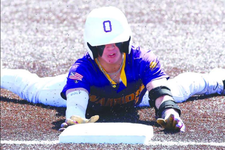 OKARCHE’S Colin Hendrickson slides into third base for a triple during the fi rst inning of Okarche’s Class A-I quarterfi nal win against Ripley. Hendrickson had two extra-base hits in the game while Luke Hill (right) pitched a fi ve-inning shutout and surrendered just three hits. [KT&FP Staff Photos]