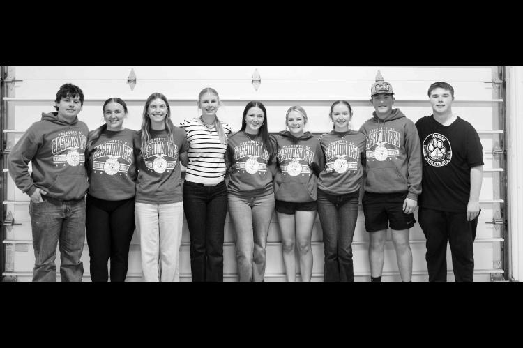 Cashion FFA officers, from left, Kyler Sylvester, Sadie Weaver, Molly Mayes, Dally Pedersen, Maggie Carroll, Adalynne Poston, Addison Hood, Jacob LaBlue and Jackson Drake at the November chapter meeting as they wrapped up the 2025 semester. [Photo provided by Molly Mayes]