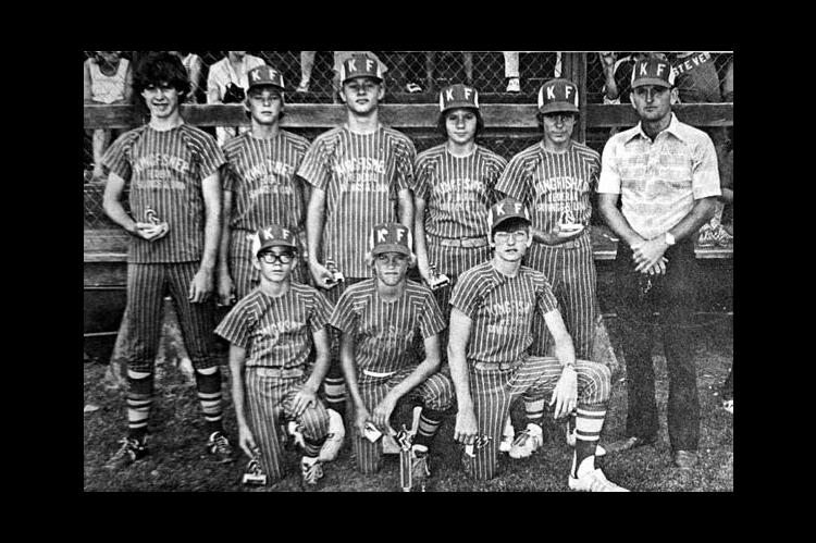 KINGFISHER FEDERAL Savings and Loan sponsored the Little League champions in the 13-14 year-old age group. They are, front row, left to right, John Hopkins III, Jeff Ferris and Mike Stolz. Second row, Steve Pendegraft, Craig Blair, Greg Copeland, Johnny Spencer, David Van Cleave and Coach Bill Stolz. Team members not picturd are Kenneth Henry, Dennis Themer, Jim Case and Coach Carroll Van Cleave. (Free Press, Aug. 2, 1976)
