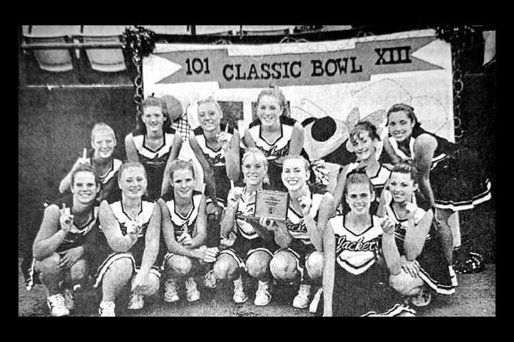 CHEERLEADERS front row, from left, Adriane Johnson, Jennifer Harper, Chelsea Eberhardt, Brittania Long, Jade Hobza, Taylor Scammahorn and Brooke Haynie. Back row, Ciara Goodson, Jamie Rother, Amber Maloy, Kayla Krittenbrink, Kara Uhlenhake and Shilah Bonham. (KT&amp;FP, June 6, 2001)