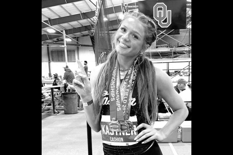 CASHION’S KHLOE Kastner shows off the three gold medals she won at the OCCTCA indoor finals in Norman last weekend. [Photo provided]