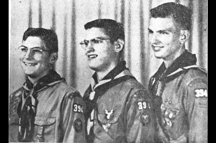 Above, left to right, are Joe, Richard and Ford Dulany. Richard and Ford are Eagle Scouts, highest rank in the Boy Scouts of America. Joe also will become an Eagle Scout at a ceremony Tuesday night in the Christian church. One of the brothers, Ford, is now serving in Japan with the 45th division. (KFP, June 25, 1951)