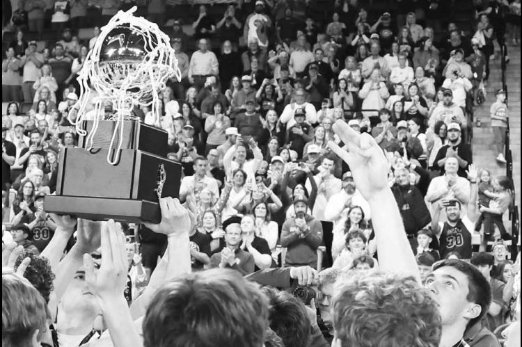 OKARCHE PLAYERS raise the gold ball to the throngs of Warrior fans in the stands while one Warrior throws up three fingers to represent a third straight title. Two seniors who played major roles in Okarche’s success the past three seasons were Brett Carnott (bottom left) and Ethan Kirby (bottom right). [Photos by Russell Stitt and KT&amp;FP Staff]