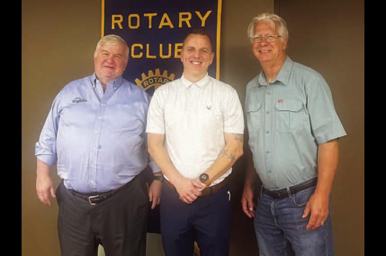 KINGFISHER ASSISTANT City Manager Jonah Humes, center, was the guest speaker of the Kingfisher Rotary Club last week. He is pictured with City Manager Jim Thomas (left) and John Gooden. Both Thomas and Gooden are members of the local civic club. [KT&amp;FP Staff Photo]