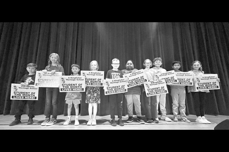 KINGFISHER HERITAGE Elementary School recently announced its January 2025 Students of the Month. Earning the honor were, from left: Beckett Rodriguez, Jazzlynn Fite, Nicolas Ponce Gonzalez, Aaspyn Nowlin, Reid Beal, KC Brown, Claire Hauser, Cooper Wilczek