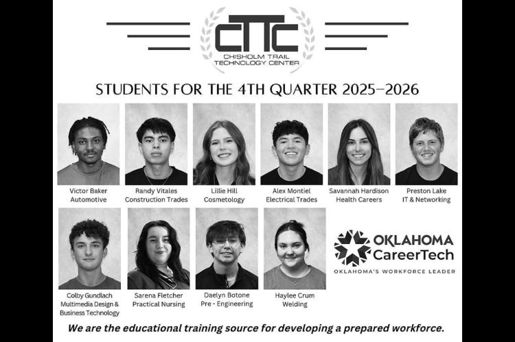 Pictured above are Chisholm Trail Technology Center’s Students of the Quarter for the fourth quarter of the 2025-26 school year. Students are listed with their respective programs at the Oklahoma CareerTech. [Graphic provided by CTTC]