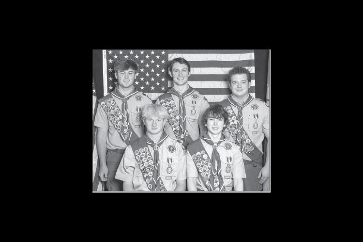EAGLE SCOUTS - Recently recognized for achieving the rank of Eagle Scout were, from left: front row, Travis Loeffelholz (of Cashion) and Turner Hadrava; and back row, Townes Green, JR Fletcher and Charlie Fuhrman. [Photo provided]