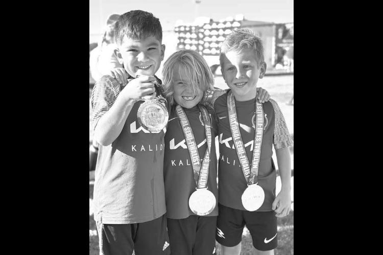 MEDAL WINNERS - Cashion’s Bentley Maloy, center, was part of a team that took third at the 3V3 Live National Soccer Tour’s national tournament. His Oklahoma teammates included Aiden Rodriguez, left, and Luka Ortega, right. [Photo provided]