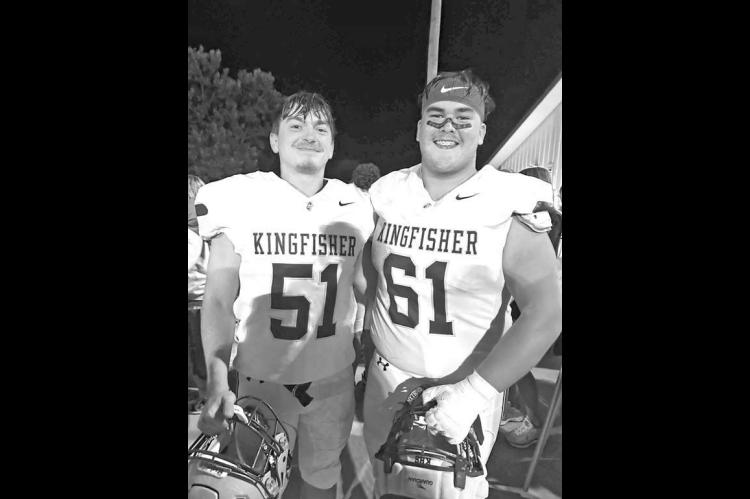 KHS SENIOR Carson Nusz (51) and junior Donovan Dunn (61) scored Kingfisher’s first two touchdowns in last Friday’s 34-0 win at Purcell. [Photo provided]