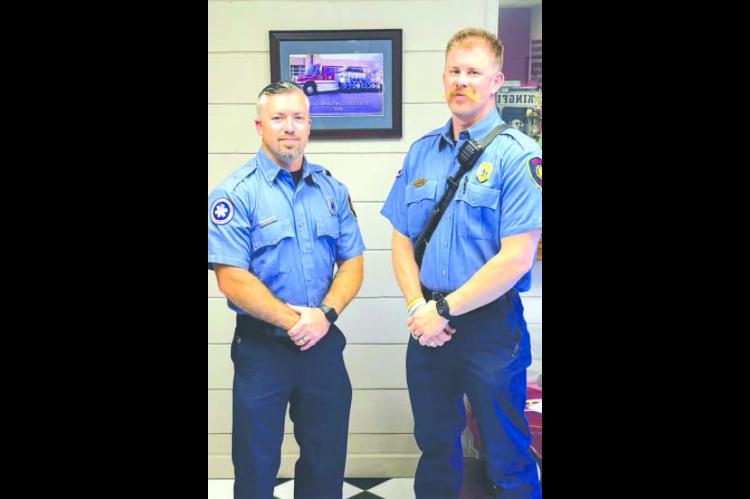 CONGRATS, LIEUTENANT – Kingfisher fireman Dakota York, left, was promoted from firefighter to lieutenant during a ceremony last week. He is pictured with Capt. James Schroeder after the ceremony. [Photo provided]
