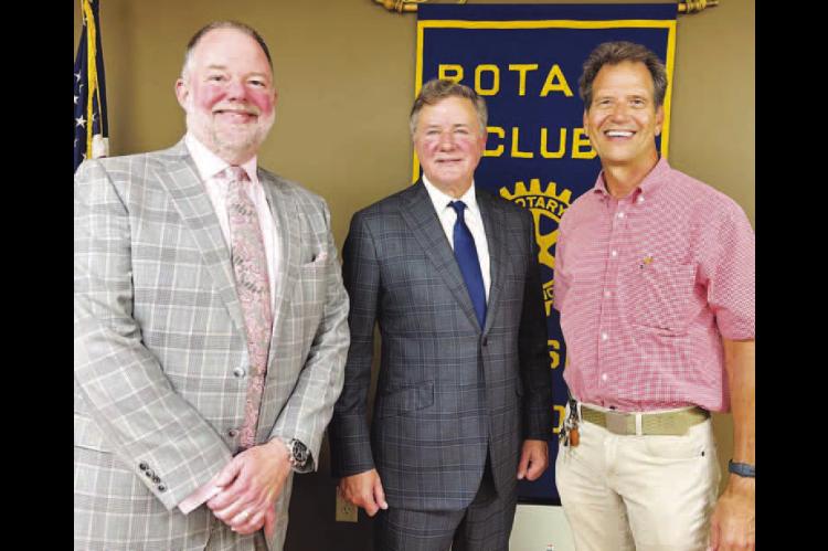 ATTORNEY GENERAL Gentner Drummond, center, was the guest speaker last week at the Kingfisher Rotary Club. A Republican candidate for governor in next year’s election, Drummond is pictured with Rob Johnson, left, his chief of staff, and Kingfisher Rotary