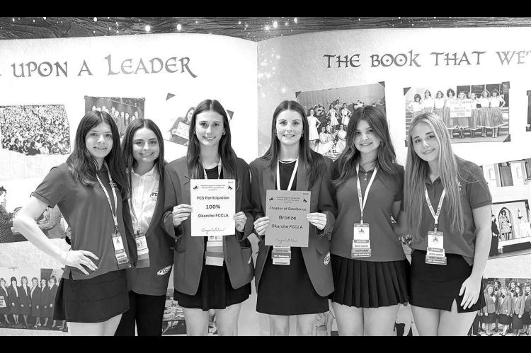 OKARCHE HIGH SCHOOL FCCLA senior officers, along with their advisor Jacqueline Radford, attended the FCCLA State Convention in Tulsa April 2. The chapter received a Bronze Award for Chapter of Excellence, as well as the 100% Membership Award. Pictured are, from left: Cami White, Kate Baustert, Ally Baustert, Belle Beam, Stella Krittenbrink and Hannah Carnott. [Photo provided]