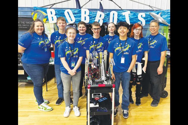 BOB-BOTS – Members of the Kingfisher High School robotics team include, from left: front row, Savana Reherman, Raiden Clarke and Josue Garcia; and back row, Coach Melody Kuehn, Finley Harrison, Will Finley, Audrey Long, Audrey Heckman and Coach Kurt Kay
