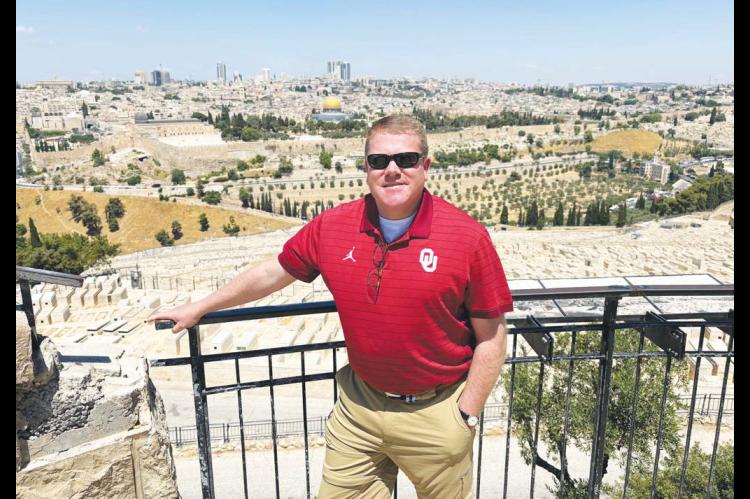 NICE VIEW – Kingfi sher’s Mike Sanders stands on the Mount of Olives, which offers one of the more famous views of Jerusalem, including the golden-domed Dome of the Rock. Sanders was recently part of a bipartisan group that toured different parts of Israel for seven days. Sanders is pictured on the left with former Arkansas Governor Mike Huckabee, who currently serves as the United States ambassador to Israel. [Photos provided]