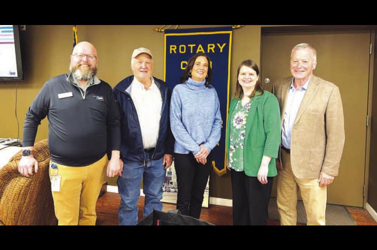 OMRF CONTINGENT – Pictured at last week’s Rotary meeting are, from left, Sonny Wilkinson, senior director of philanthropy and planned giving at the Oklahoma Medical Research Foundation; Bart Boeckman and Bev Lippoldt of Boeckman Ford, annual contributors to OMRF; Dr. Heather Rice, medical research scientist at OMRF; and Paul Schulte, recently retired Kingfisher attorney and longtime OMRF board member. [KT&amp;FP Staff Photo]