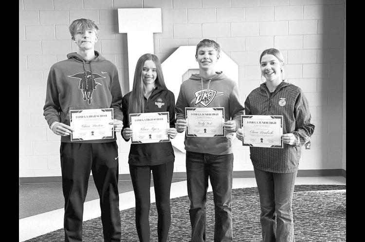 TOP RAIDERS OF NOVEMBER – LOMEGA’S November 2024 Students of the Month were announced at a recent Raider Roundup. High school students earning the honor were (left side) Chase Burton and Claire Myers. Junior high honorees were (right side) Cody Yost and Olivia Landreth. [Photo provided]
