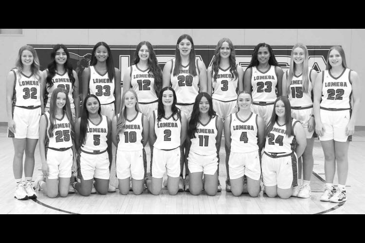 LADY RAIDERS – Members of the 2024-25 Lomega High School girls basketball team include Kyndall Ramer, Reagan Snowden, Paige Wheler, Jenny Penaran, Whitney Ramer, Jackie Penaran, Brayli Walker, Chloe Meier, Kinsley Fisher, Samantha Rivera, Hadley Ott, Al