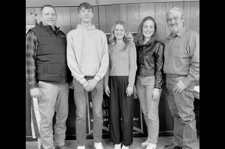 The Lomega Lions Club recognized the Students of the Semester for the fall 2024 semester at its meeting last week. Pictured at the meeting are, from left: Lomega High School Principal David Lorenz; Chase Burton and Kate Myers, Students of the Semester; An