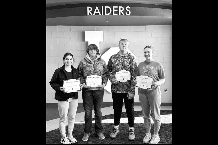Lomega has announced its Students of the Month for December 2024. They were announced during a recent Raider Roundup. High school Students of the Month (left side) were Kamryn Turner and Lance Yost. Those chosen as junior high Students of the Month (right
