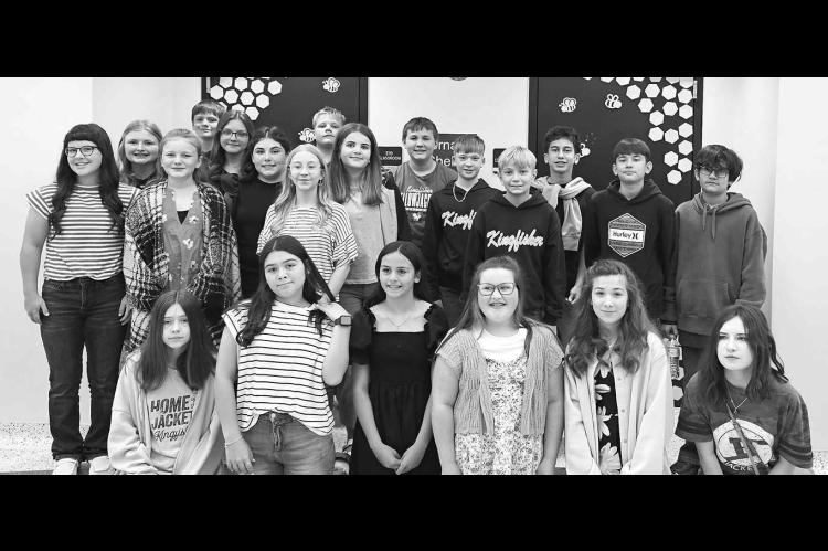 KINGFISHER SIXTH GRADE choir members include, from left: front row, Scarlett Heckman, Eva Franco, Ximenz Ponce, Lilly Larsen, Jaqueline Munoz, Macy Schroeder; second row, Kortnee Brady, Lizzie Click, Elina Creps; third row, Saylor Shimanek, Brooklyn Kale,