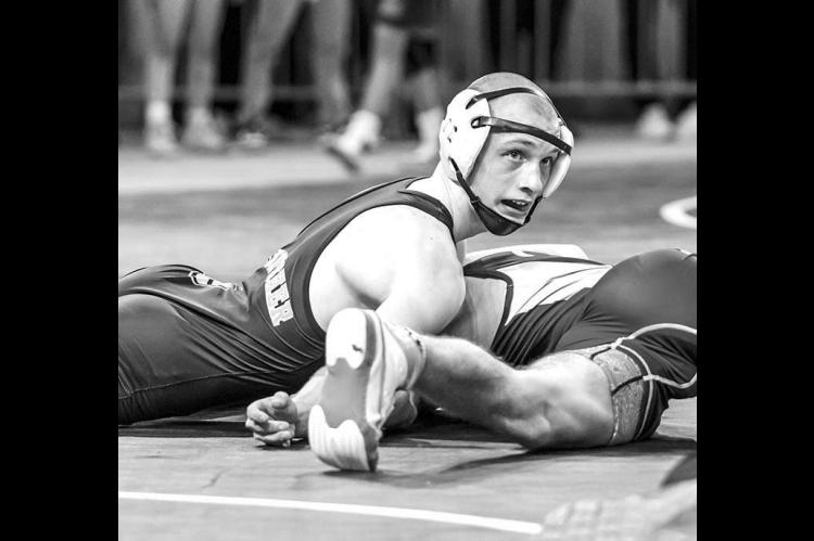 KINGFISHER’S Jaxon Sheppard, pictured competing at last year’s state tournament, won the 144-pound title at last weekend’s Kingfisher Invitational. [Photo provided by Anjelica Newcomer]
