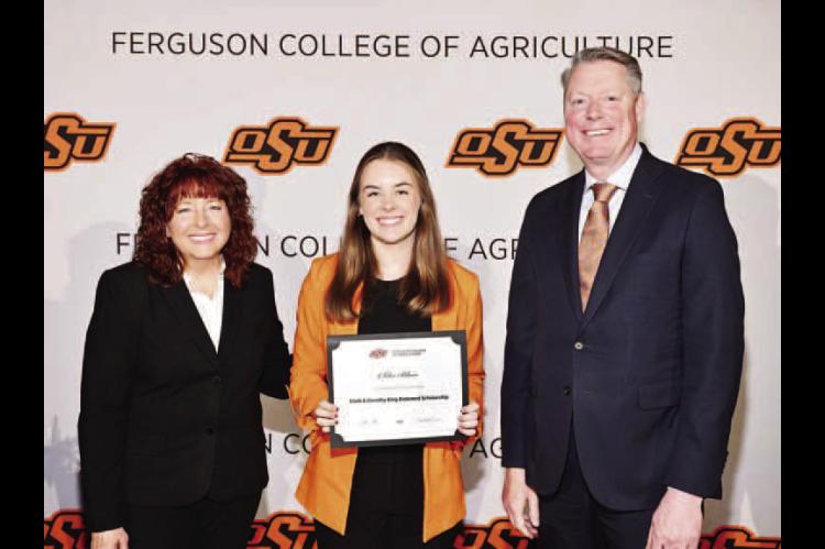 OSU SCHOLARSHIPS – Chloe Blair (top photo) and Mayce Gibson (bottom photo) are two recipients of scholarships at the recent Ferguson Scholarship and Awards Banquet at OSU. They are pictured with Dr. Cynda Clary (left in each photo), associate dean of academic programs, and Dr. Jayson Lusk (right in each photo), vice president and dean of OSU Agriculture. [Photos provided]