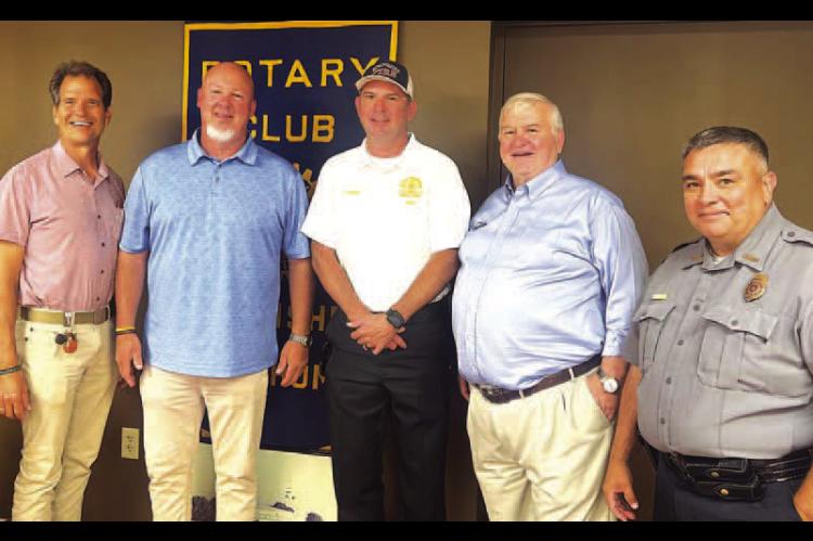 KINGFISHER ROTARIAN Brian Walter (far left) welcomed a host of city leaders to last week’s meeting. They included, from left: Mayor Geoff Covalt, who was the guest speaker at the meeting; Fire Chief Ryan Gibson; City Manager Jim Thomas, also a Rotarian;