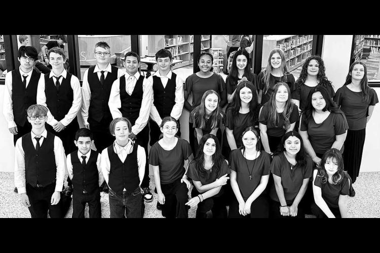 KINGFISHER JUNIOR HIGH choir members include, from left: front row, Jackson Garrett, Santiago Navarro, Damian Nunnelly, Abigail Smith, Sydney Snyder, Parker LeForce, Magaly Charqueno, Aateri Nowlin; middle row, Barilyn Schroeder, Grace Valencia, Rae Mitch