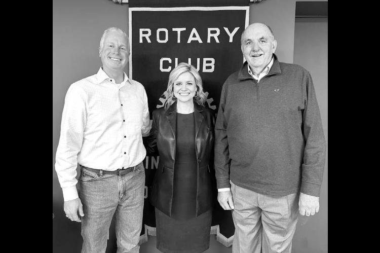 ROTARY CLUB – Doug Linehan, executive director of the Oklahoma Tax Commission, left, was the guest speaker of the Kingfi sher Rotary Club recently. Pictured with Kingfi sher Rotarian Randy Mecklenburg, right, and Emily Haxton, public information and press liaison for the OTC, center, Linehan spoke of the many citizen-friendly changes made at the OTC since he took over as executive director in January of 2022. [KT&FP Staff Photo]