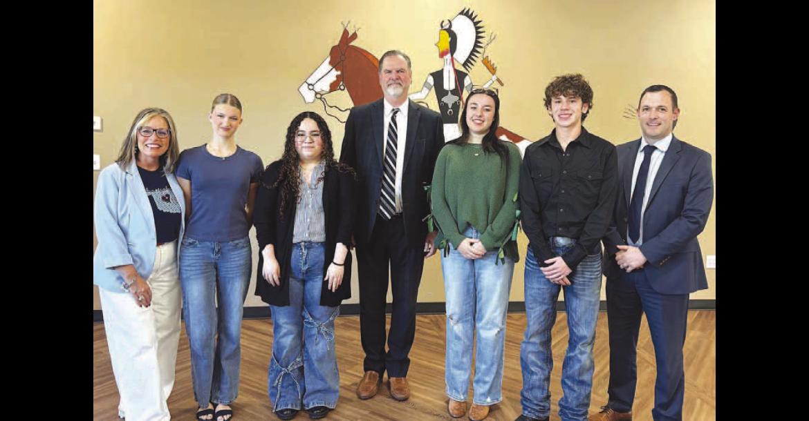 SCHOOL TALK – Shauna Rupp, far left, executive director of the Kingfi sher Chamber of Commerce, hosted with her staff and several directors, a “State of the Schools” luncheon on Wednesday. It included Dr. Sean McDaniel, interim superintendent of Kingfi sher Public Schools, center, and Kurt Thomas, far right, superintendent of Chisholm Trail Technology Center, as the featured speakers. Also speaking at the event were CTTC students, from left, Rilee Long-Bush, Diana Hernandez, Serena Fletcher and Chase Boarts
