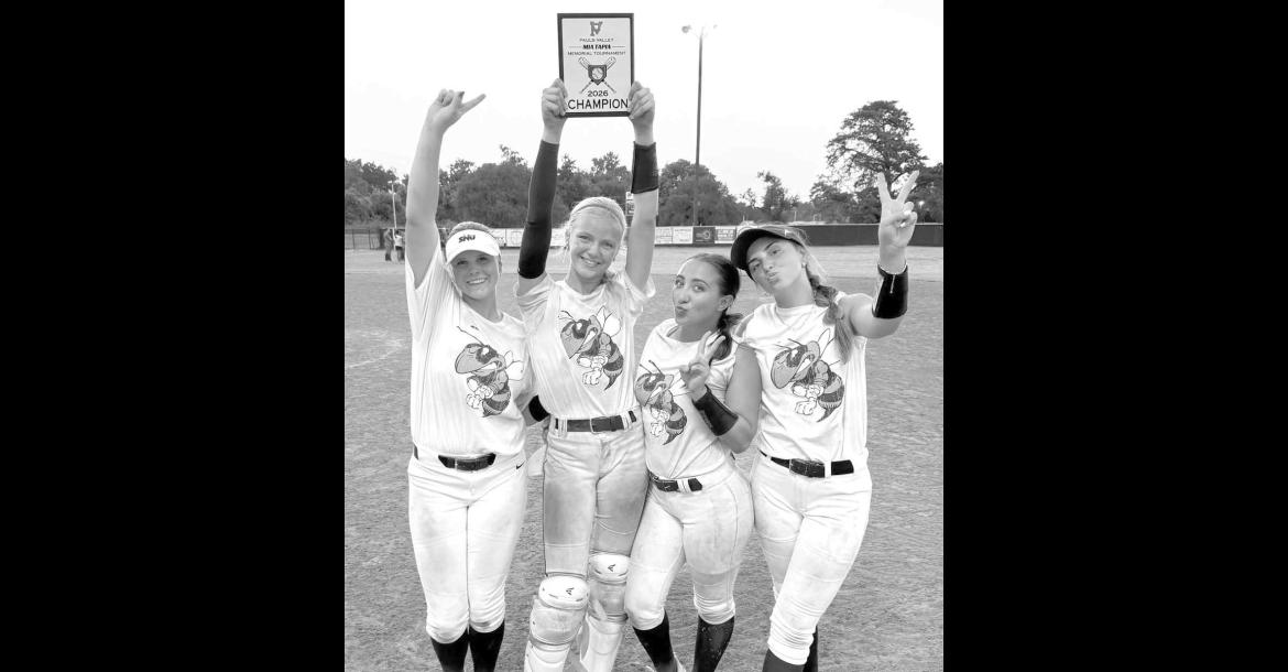 KHS SENIORS, from left, Kinlee East, Adlee Friesen, Liliana Garramone and Savannah Hardison show off their third consecutive Mia Tapia Memorial Tournament championship plaque. [Photo provided]