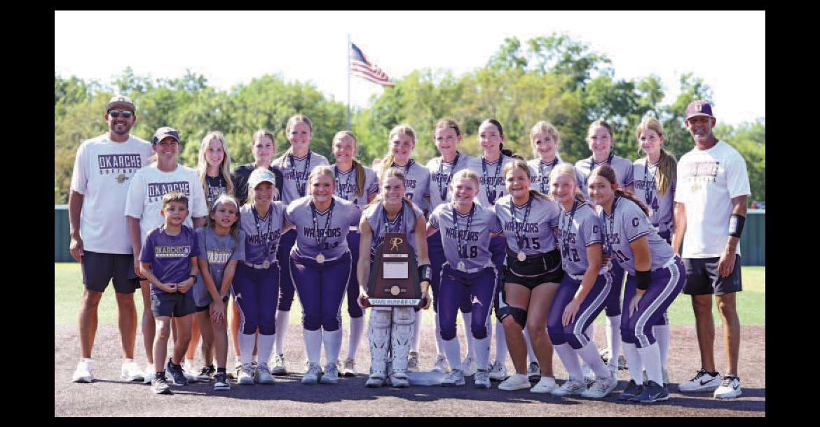 OKARCHE SOFTBALL now has its own hardware to add to the school’s illustrious trophy case. The Lady Warriors reached the championship game of the Class A state tournament last weekend. The eighth-ranked team knocked off No. 2 Caddo in the quarterfinals and No. 7 Wister in the semifinals before falling to top-ranked defending champ Arapaho-Butler in the title game. For more on Okarche’s historic run, see Page 2. [KT&amp;FP Staff Photo]
