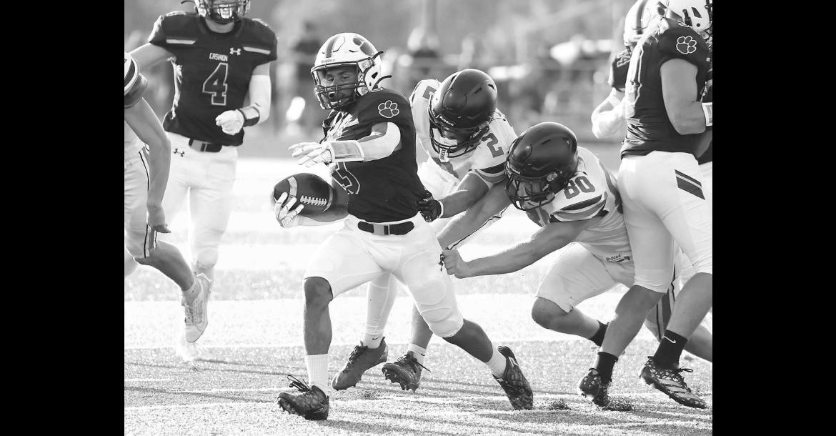 ALMOST HAD HIM – A pair of Crescent defenders got their hands on Cashion’s Grayson Davis, but couldn’t hold on during the first quarter of Friday’s game. Davis turned this play into a 20-yard touchdown reception to give the Wildcats a 14-0 lead. [KT&amp;FP Staff Photo]
