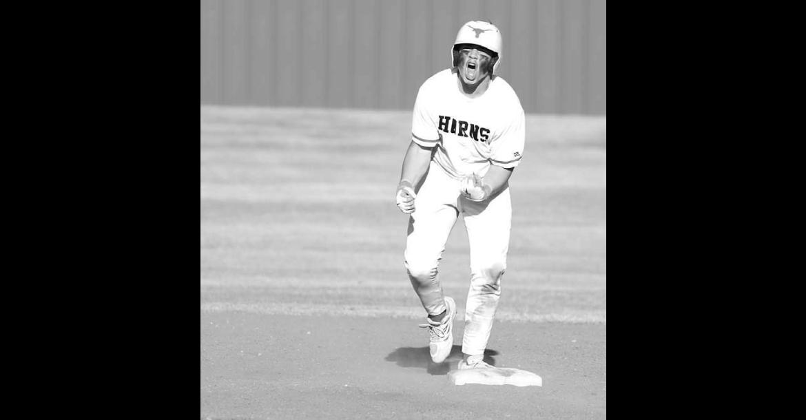 DOVER CATCHER Sloan Merrill reacts after hitting a run-producing double Friday against Vici in the Longhorns’ first game of their own festival. Dover went 3-0 over the two days of the event. [KT&amp;FP Staff Photo]