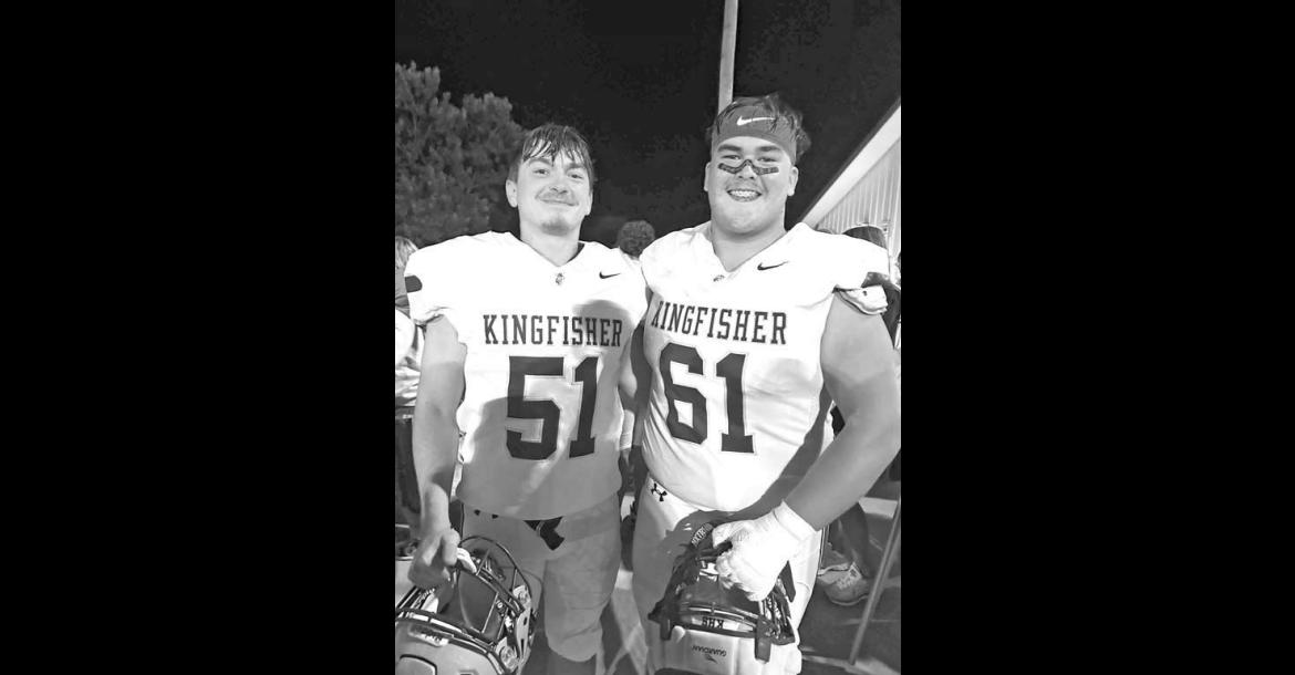 KHS SENIOR Carson Nusz (51) and junior Donovan Dunn (61) scored Kingfisher’s first two touchdowns in last Friday’s 34-0 win at Purcell. [Photo provided]