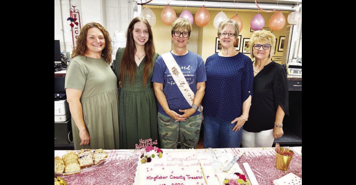 RETIRIN’ ROBIN – Robin Rother (center) is retiring as the Kingfisher County treasurer and was honored Thursday with a retirement reception. Rother has served as treasurer since 2018. She is pictured with, from left: Lindsey Shimanek, Caitlin Wiebelt, Kelly Majetic and Beverly Cluck. Majetic has been appointed to serve out the remainder of Rother’s term and will begin her own term as treasurer starting next year. [KT&amp;FP Staff Photo]