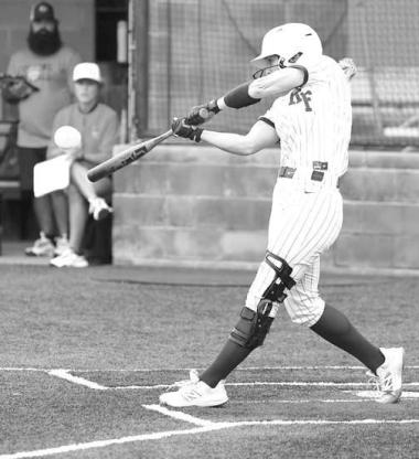 LILY VOTH connects with a two-run home run in the bottom of the sixth inning of Kingfisher’s win over Cushing on Thursday. It was her second homer of the game as the junior drove in five runs. [KT&amp;FP Staff Photo]